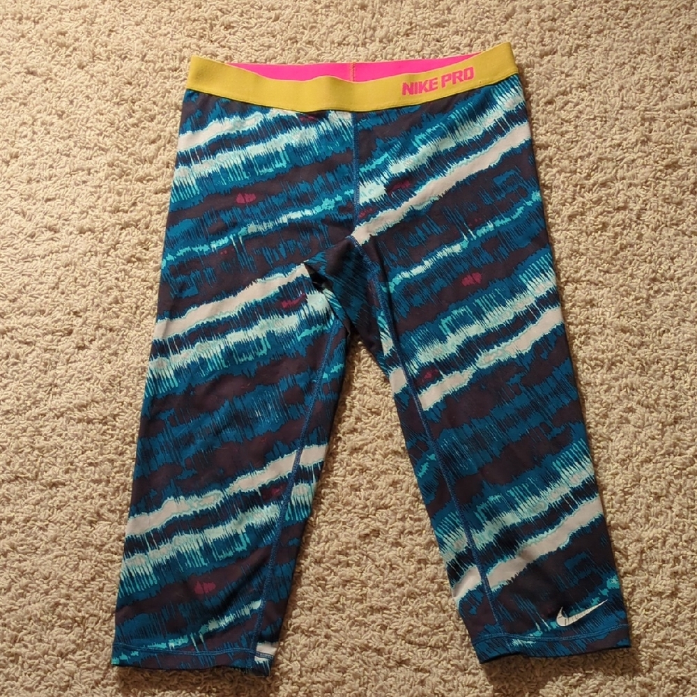 Nike Pro Blue and Yellow Patterned Capris